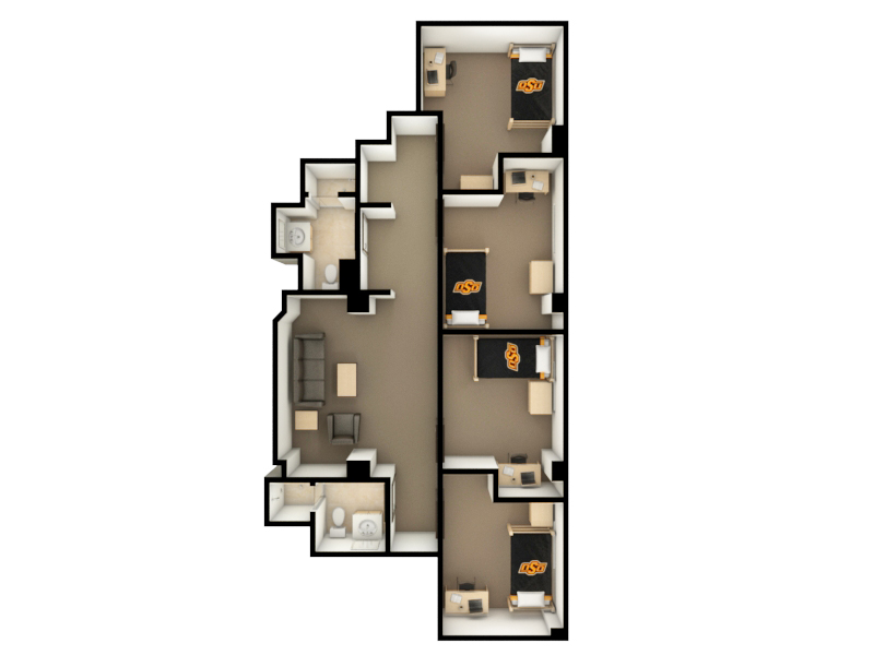 Bennett Hall: 4 private rooms/2 bathrooms/1 living room