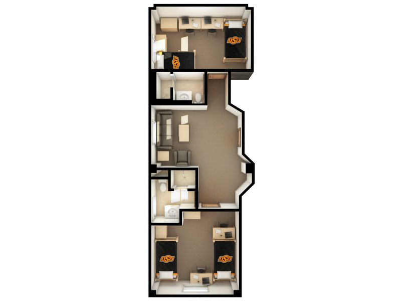 Bennett Hall: Floor plan: 2 bedrooms/2 bathrooms/1 living room