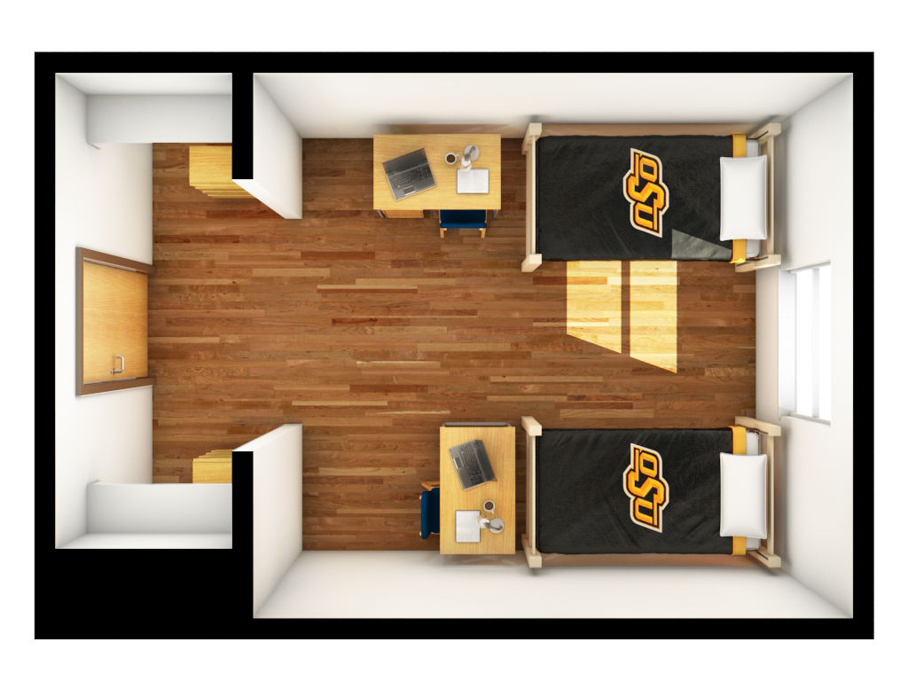 Traditonal dorm room with two beds.